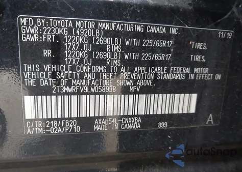 2020 Toyota Rav4 Hybrid Le из США, поврежденный, VIN 2T3MWRFV9LW058938